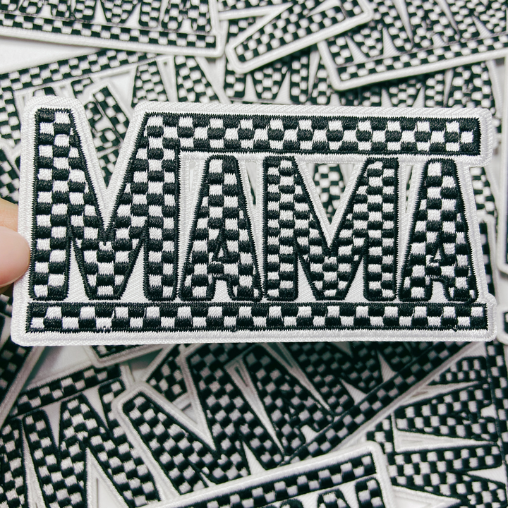 4" x 2"  Checkered MAMA choice of  Black &amp; White  or Pink &amp; White  -  Embroidered Hat Patch