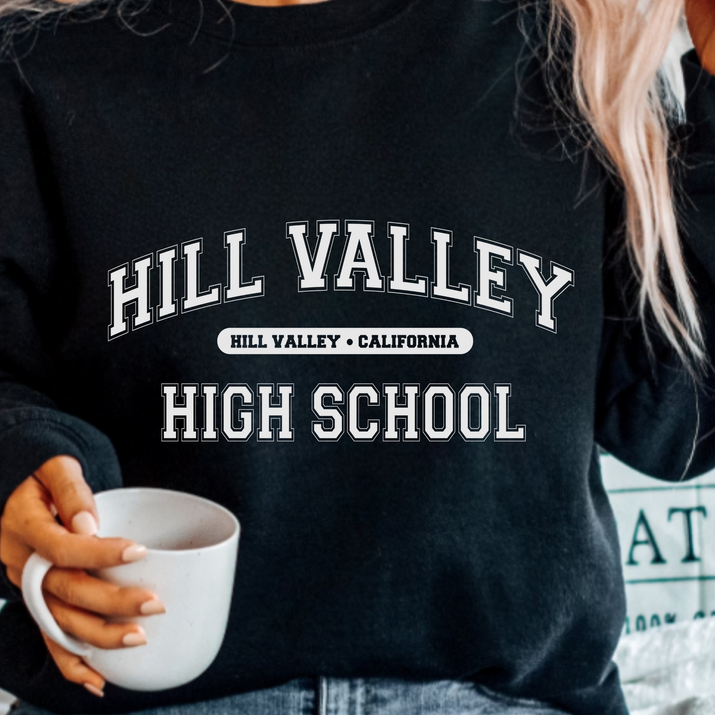 (shirt not included) Hill Valley High School in White-  Screen print Transfer