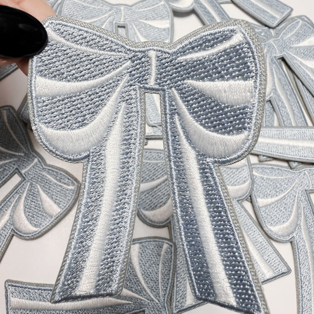 3" Light Blue and White Bow -  Embroidered Hat Patch
