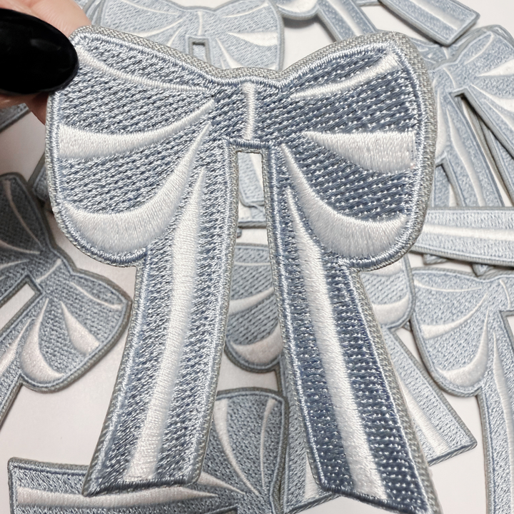 3" Light Blue and White Bow -  Embroidered Hat Patch