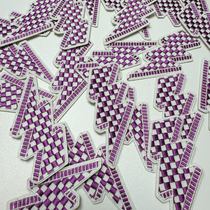 3” Checkered Lightning - Purple &amp; white  - Embroidered Hat Patch