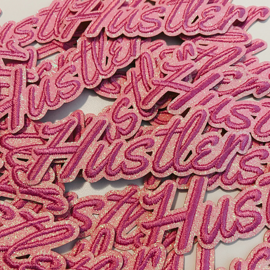 4" Hustler in Pink w Sparkle - Embroidered Hat Patch