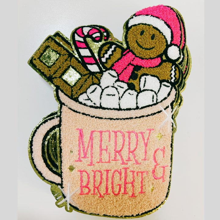 8" x 11" Merry &amp; Bright hot cocoa w gingerbread man - Chenille patch