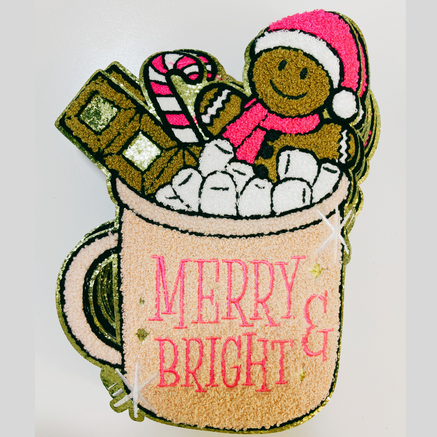 8" x 11" Merry & Bright hot cocoa w gingerbread man - Chenille patch