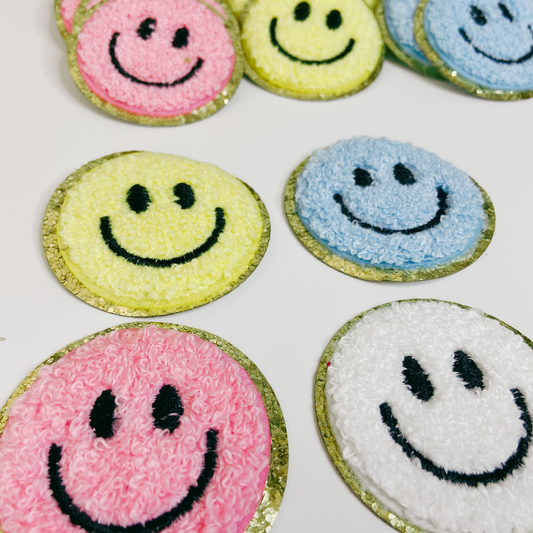 2in Smiley Face chenille hat patch - in Pink, Yellow, Blue or White
