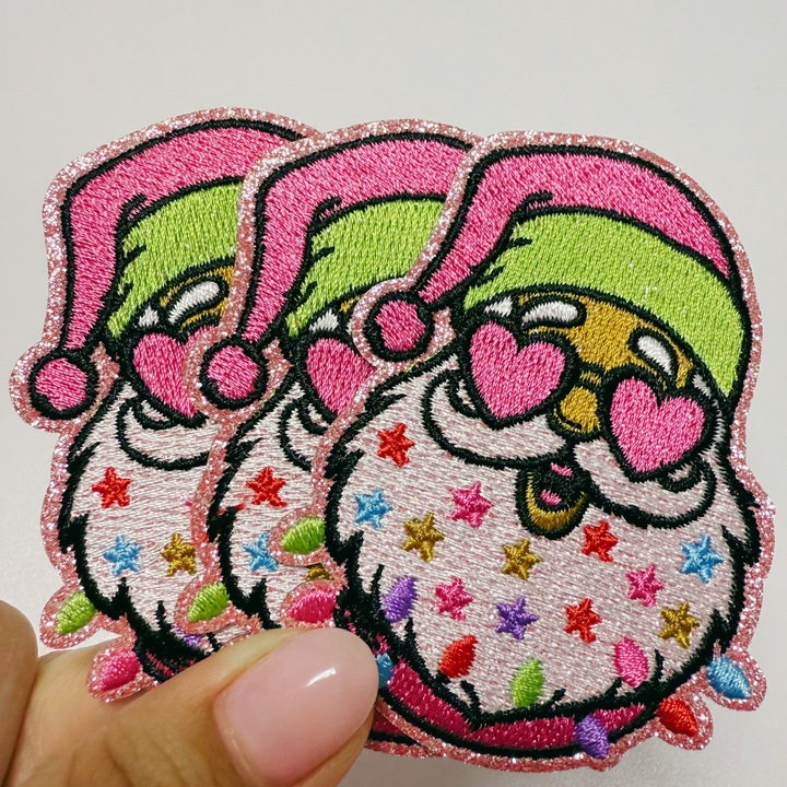 3" Pink Santa w shades &amp; Sparkle -  Embroidered Hat Patch
