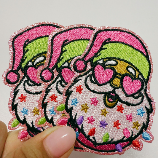 3" Pink Santa w shades & Sparkle -  Embroidered Hat Patch