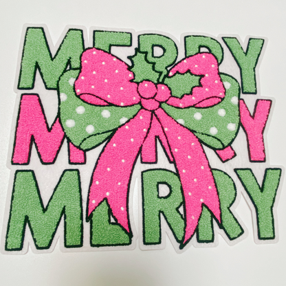 11" inch  Merry, Merry, Merry  with BOW - Chenille Patch