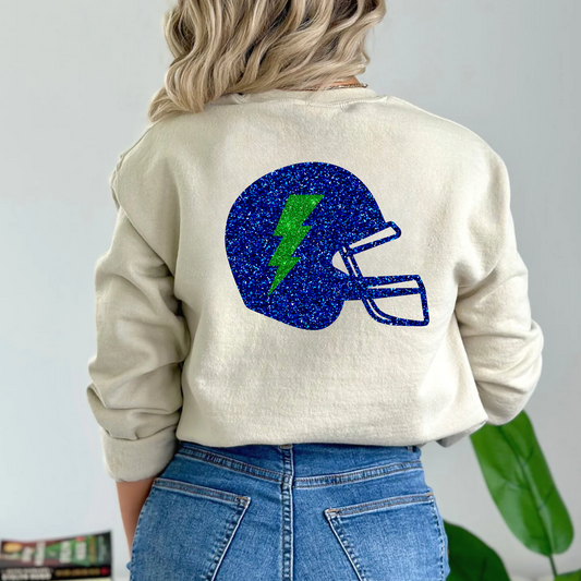 (shirt not included)  FAUX Glitter Football Helmet Blue and Green  - Clear Film Transfer
