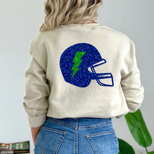 (shirt not included) FAUX Glitter Football Helmet Blue and Green - Clear Film Transfer