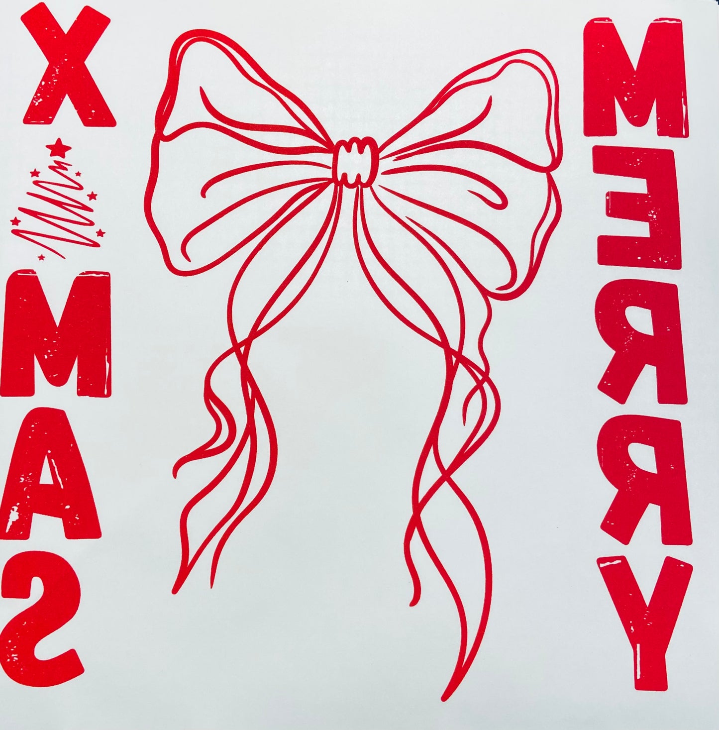 (shirt not included) MERRY X MAS w BOW,  sleeve detail RED - Screen print Transfer