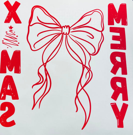 (shirt not included) MERRY X MAS w BOW,  sleeve detail RED - Screen print Transfer