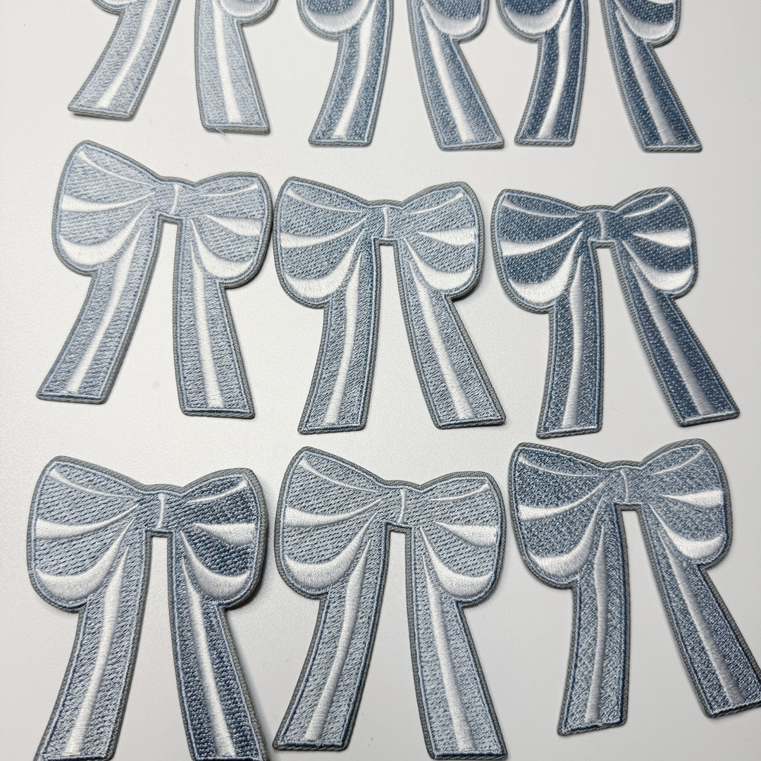 3" Light Blue and White Bow -  Embroidered Hat Patch