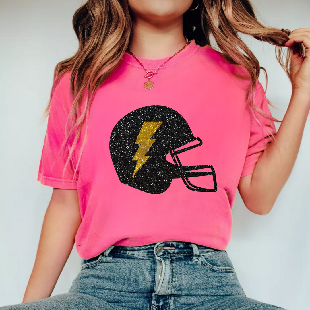 (shirt not included) FAUX Glitter Football Helmet Black &amp; Gold   - Matte Clear Film Transfer