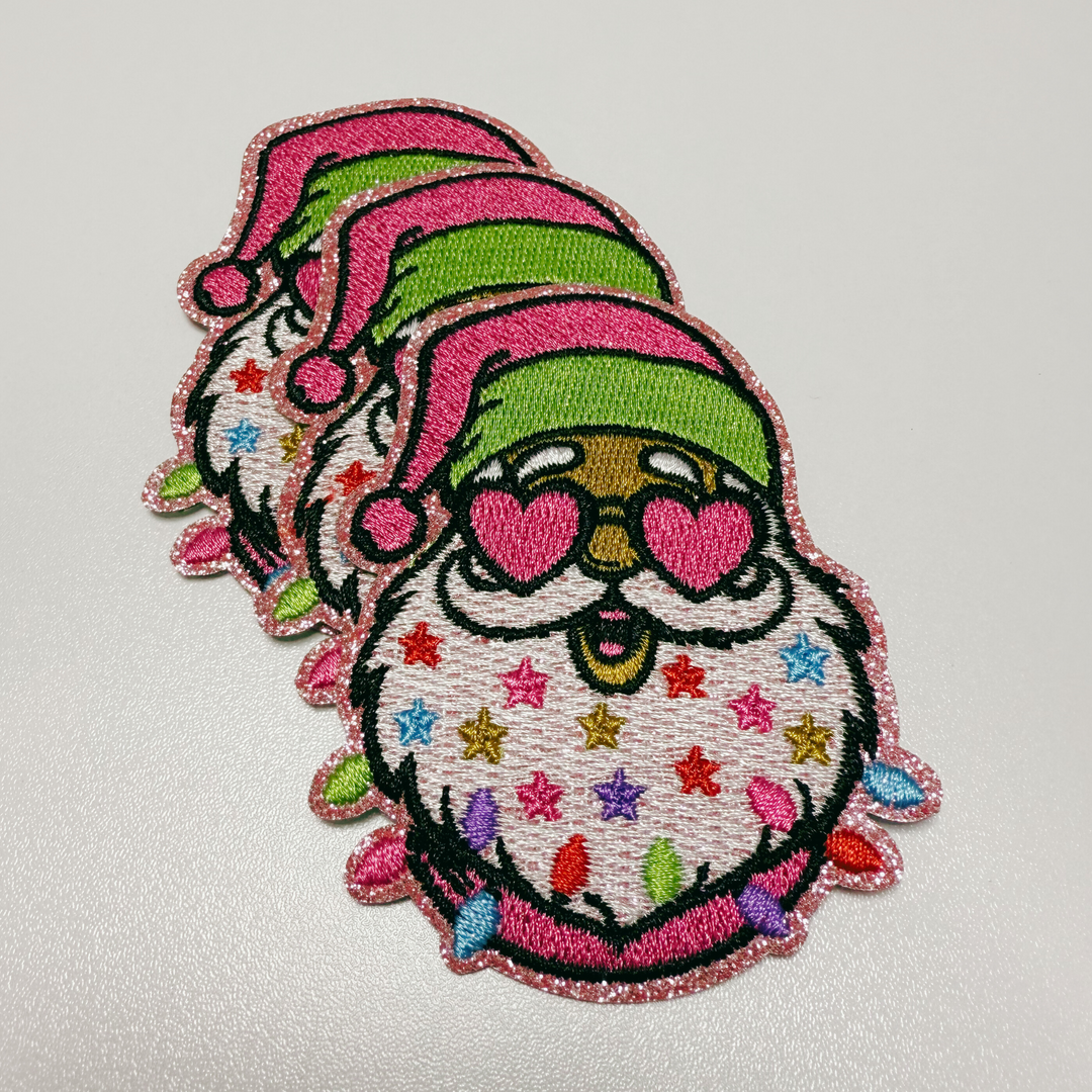 3" Pink Santa w shades &amp; Sparkle -  Embroidered Hat Patch