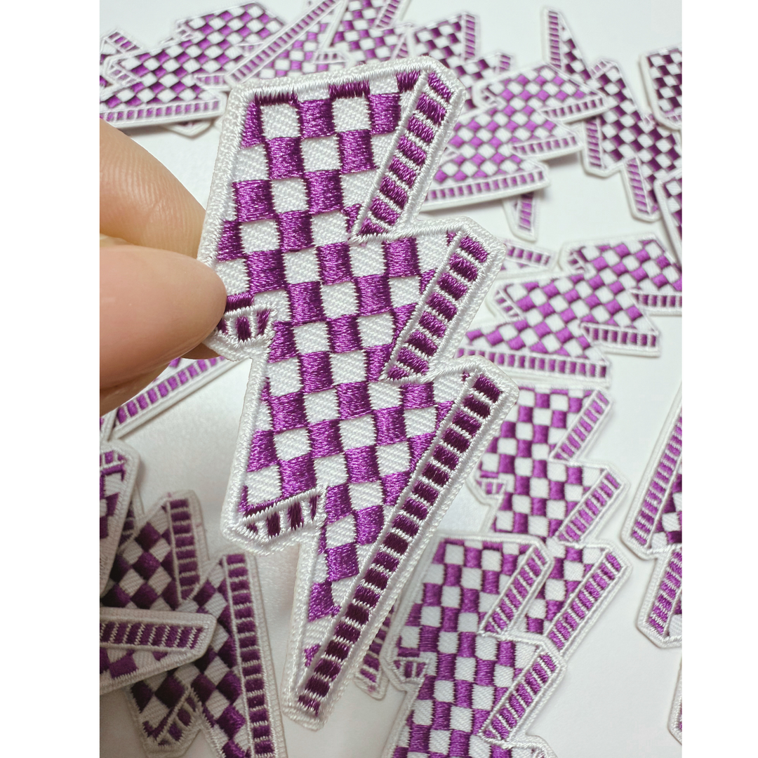 3” Checkered Lightning - Purple &amp; white  - Embroidered Hat Patch
