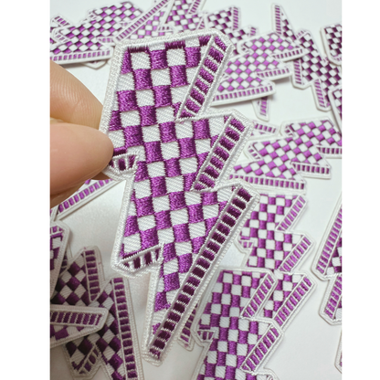 3” Checkered Lightning - Purple & white  - Embroidered Hat Patch