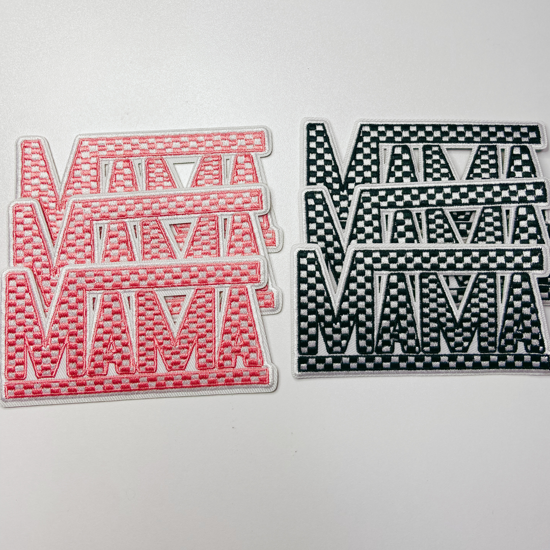 4" x 2"  Checkered MAMA choice of  Black &amp; White  or Pink &amp; White  -  Embroidered Hat Patch