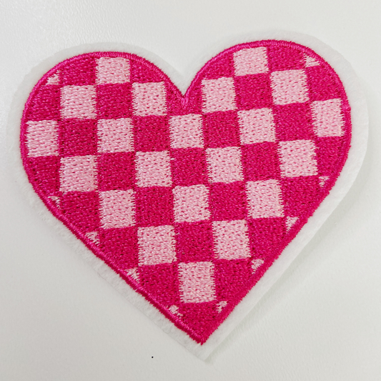 2.5” checkered pink heart    -  Embroidered Hat Patch