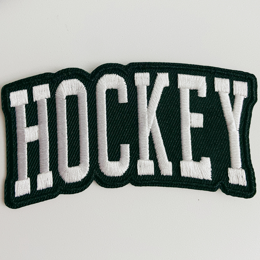 3.5” HOCKEY in white and black -  Embroidered Hat Patch