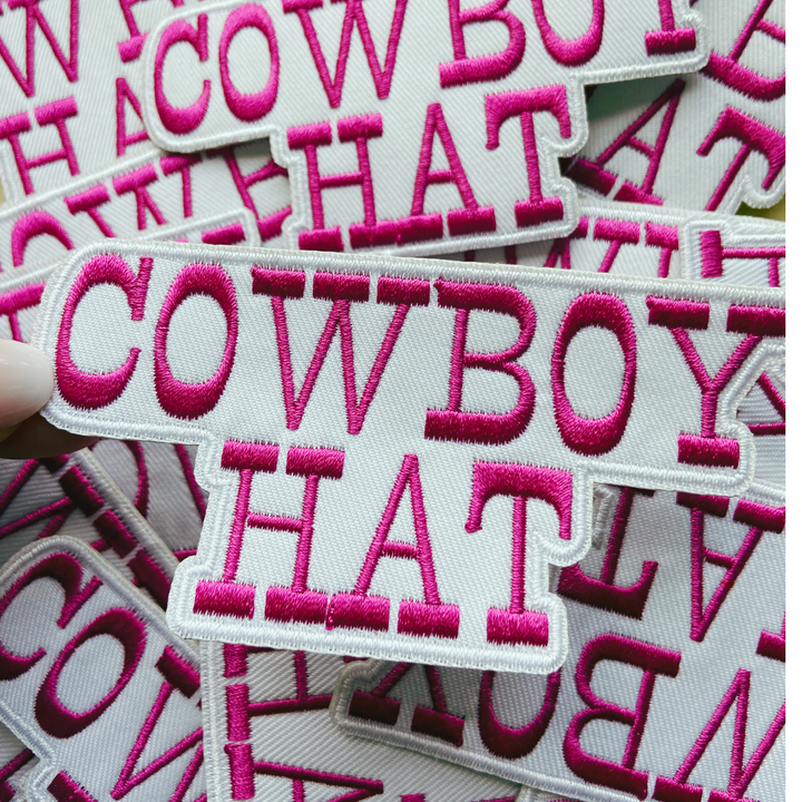 4” COWBOY HAT in White &amp; Pink -  Embroidered Hat Patch