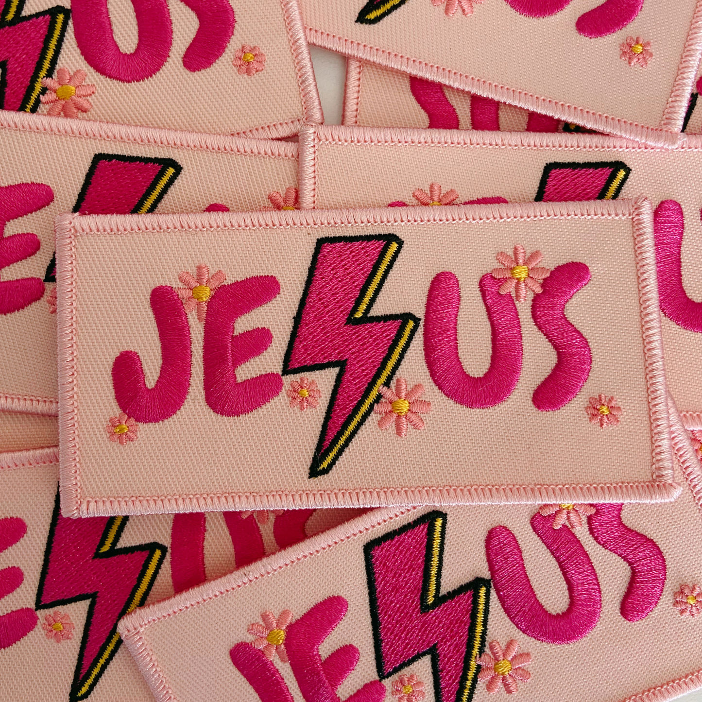 4" JESUS with Lightning and flowers -  Embroidered Hat Patch