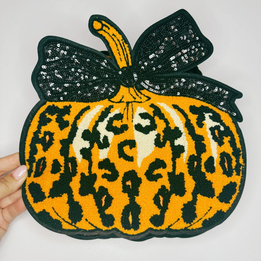 Leopard Pumpkin with sequin Bow - 10.5" x 10" - Chenille Patch