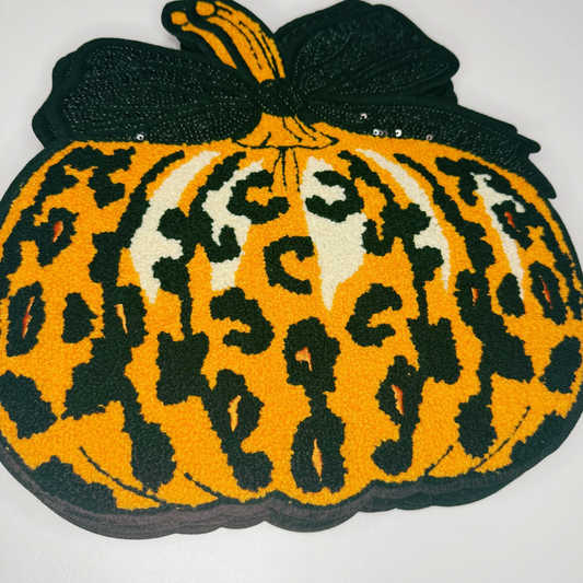 Leopard Pumpkin with sequin Bow - 10.5" x 10" - Chenille Patch