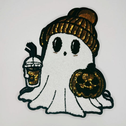 Fall Ghost w Pumpkin - 10.5" x 8.5" - Chenille Patch