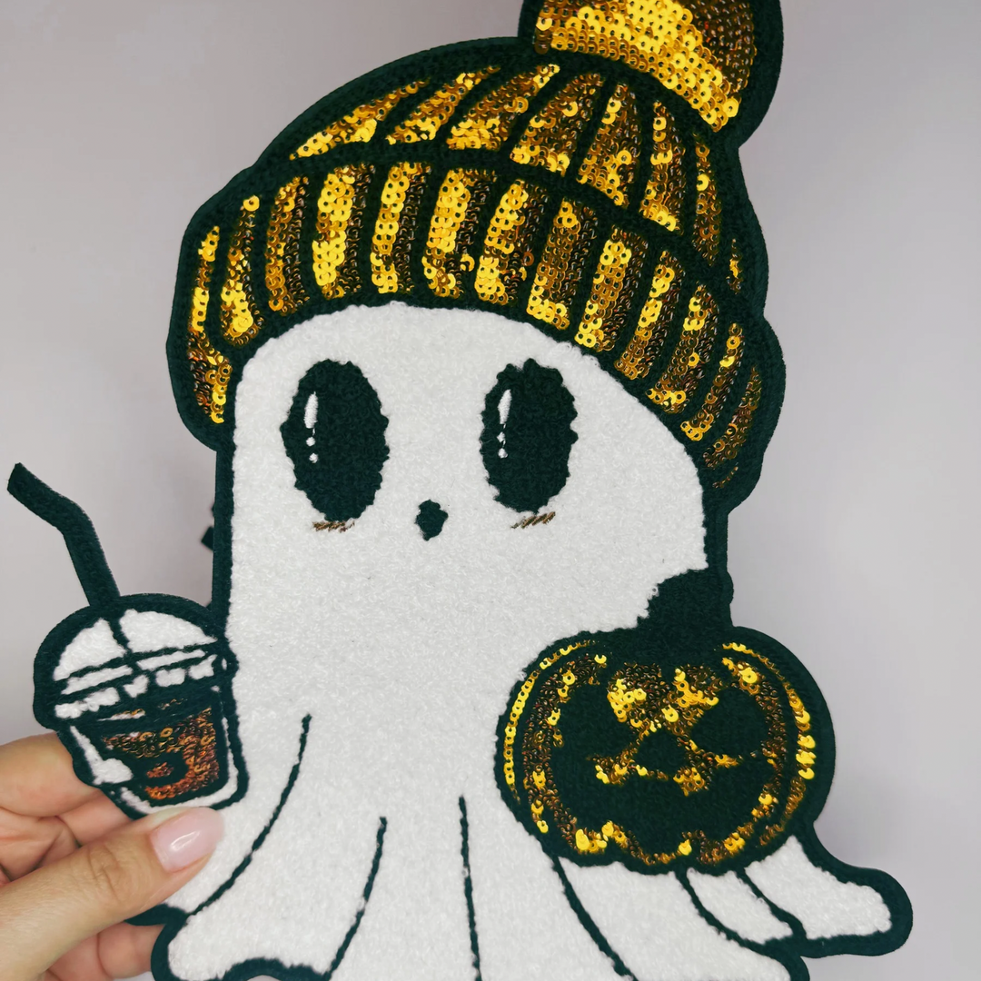 Fall Ghost w Pumpkin - 10.5" x 8.5" - Chenille Patch