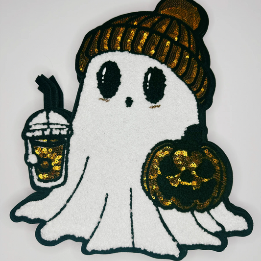 Fall Ghost w Pumpkin - 10.5" x 8.5" - Chenille Patch