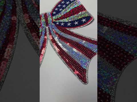 10" x 10” SEQUIN Patriotic Bow - Sequin Patch (USA) Red White &amp; Blue